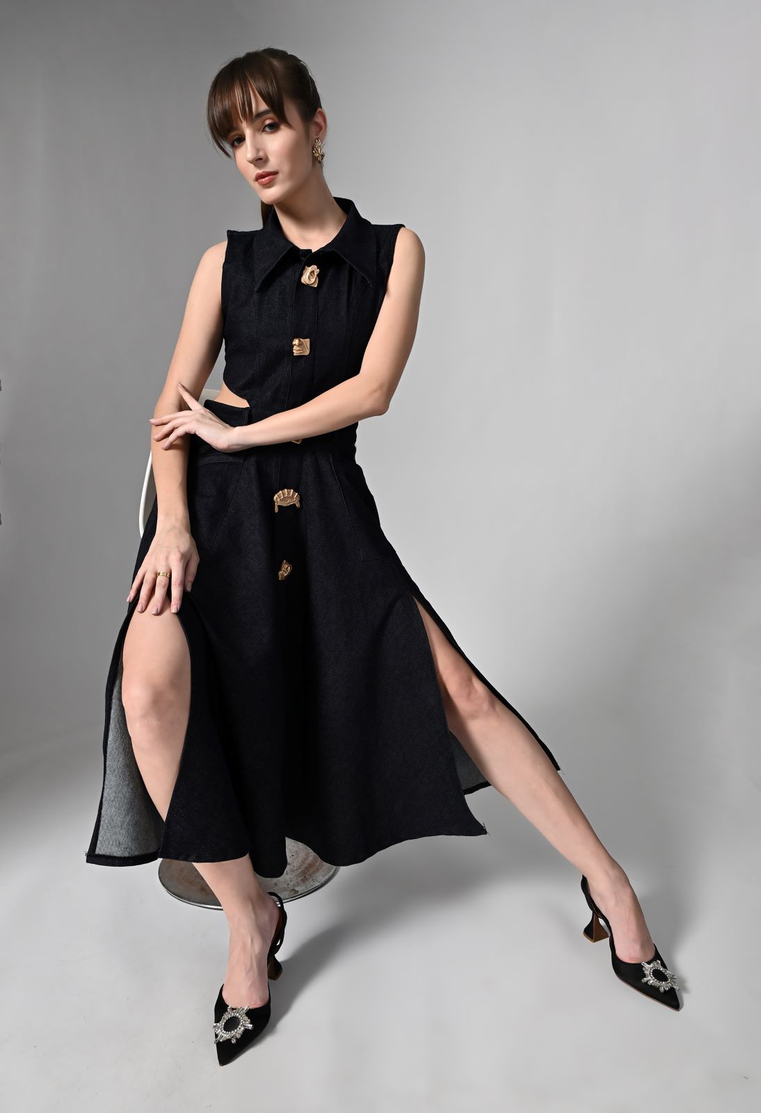 Pankh Lapel Maxi Dress with Face Metal Buttons