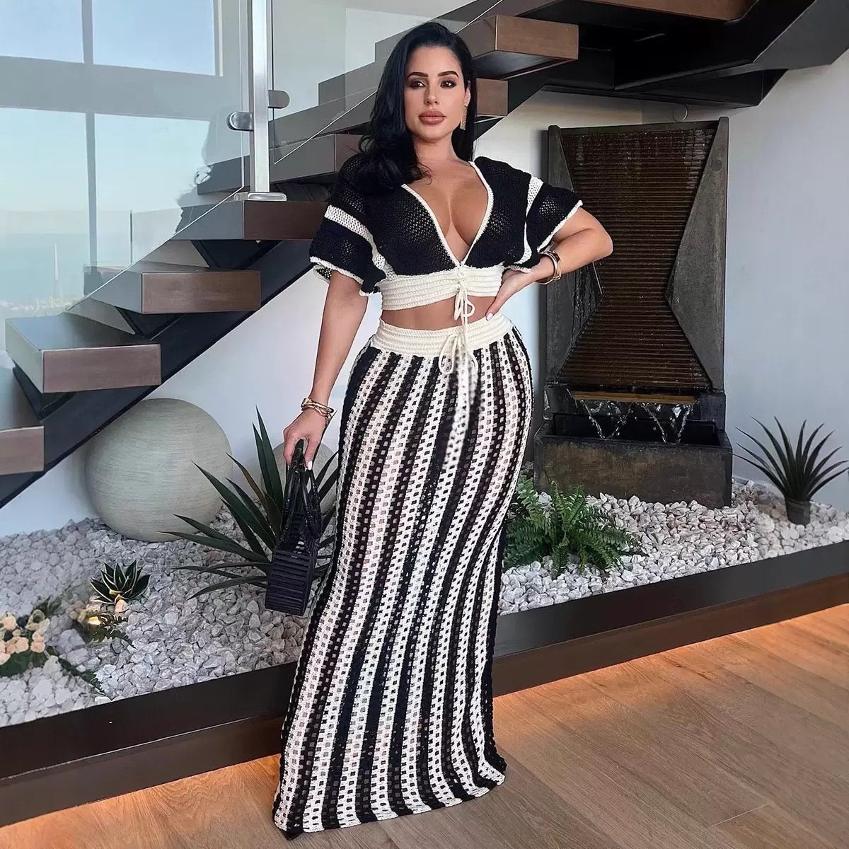 Pankh Callista Knitted Crochet Hollow Out Stripe Crop Top And Long Skirt