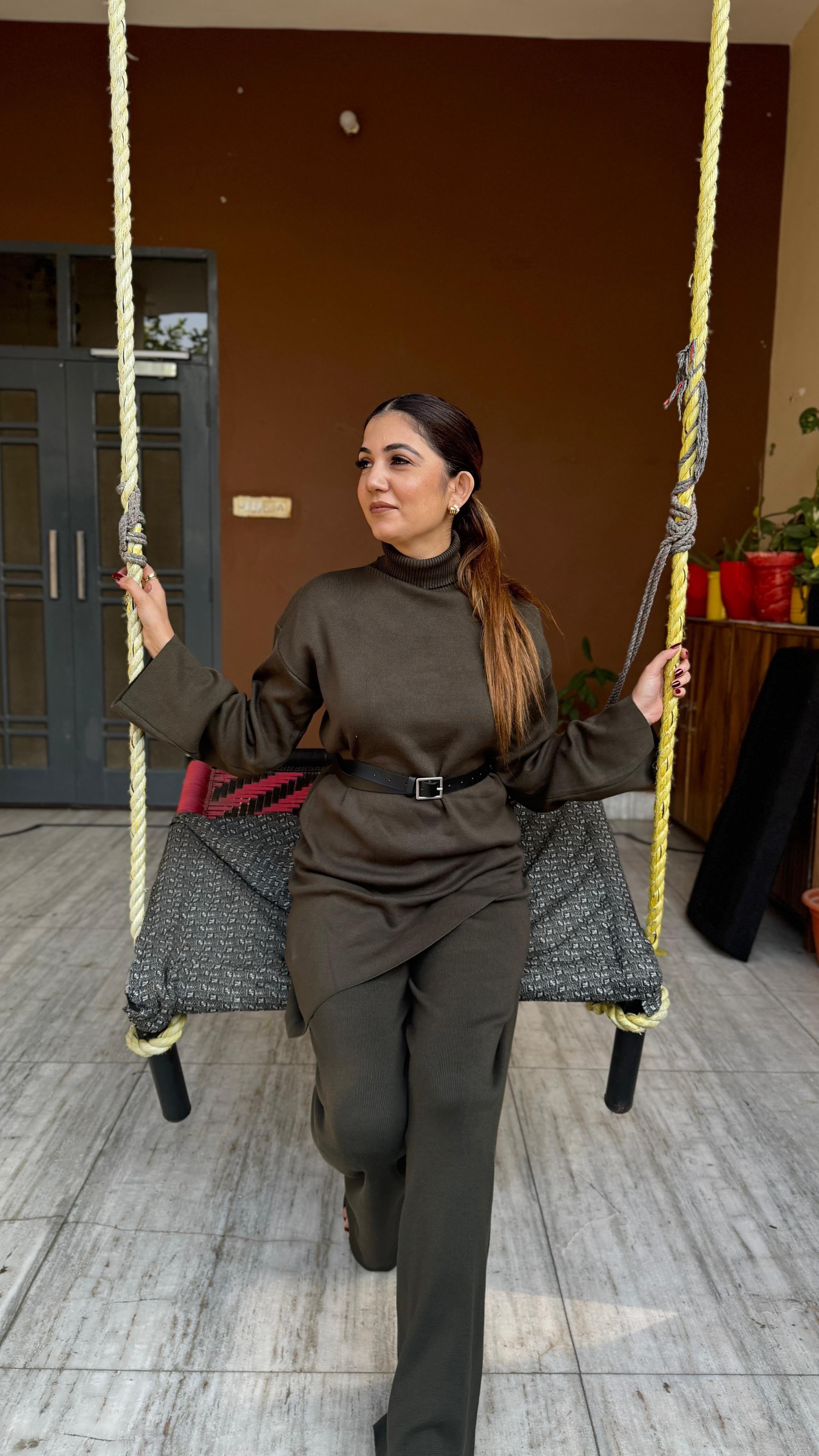 Pankh Ruhet Assymetrical Long Hip Cover Wool Coord Set with Belt