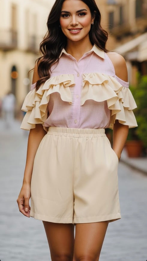 Pankh Velina Casual Cold Shoulder Sleeves Gingham Shirt And Short Set