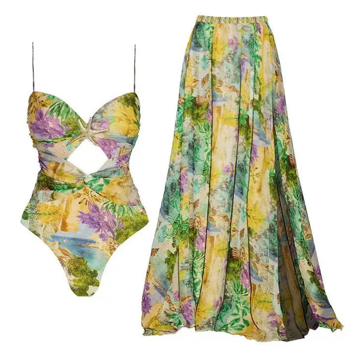 Pankh Cossie Floral Abstract Print Monokini With Skirt Set