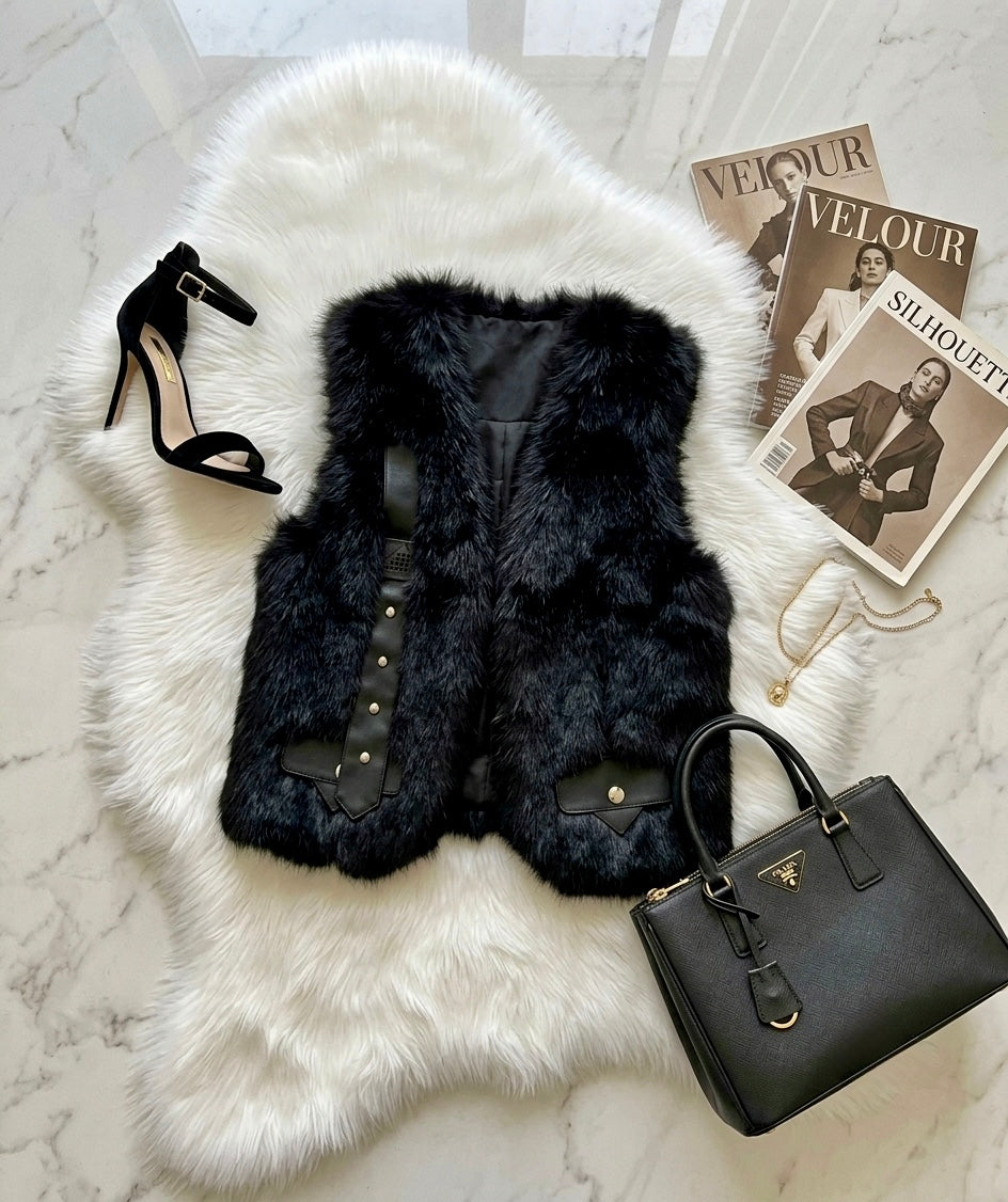Pankh Razon Luxe Fur and Pu Leather Sleeveless Jacket