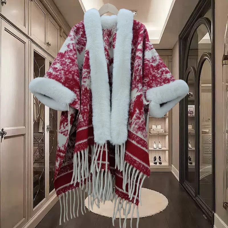 Pankh Diyyor Woolen Winter Cape Shawl with Fur Sleeve