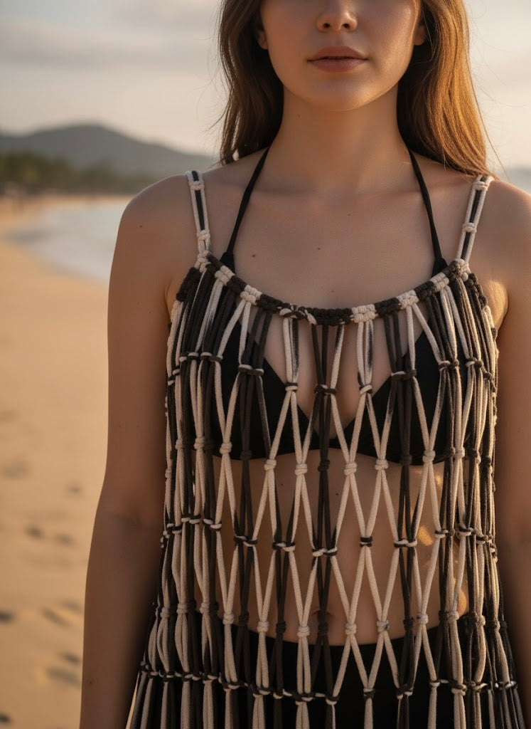 Pankh Adila Hollow Cut Long Fringed Tassel Cover Up