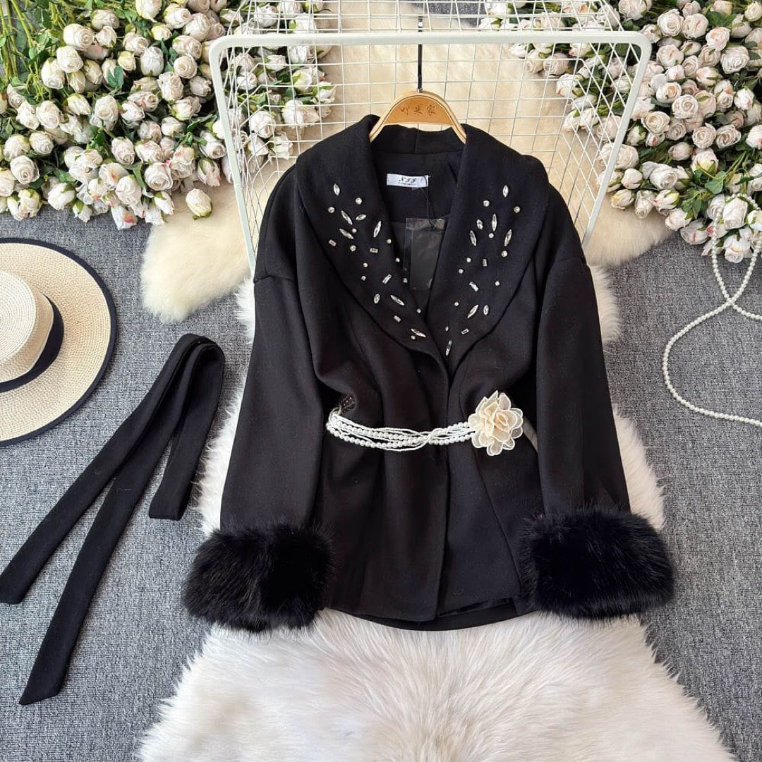 Pankh Miami Luxury Woolen Stone Embelished Woolen Blazer withFur Sleeves