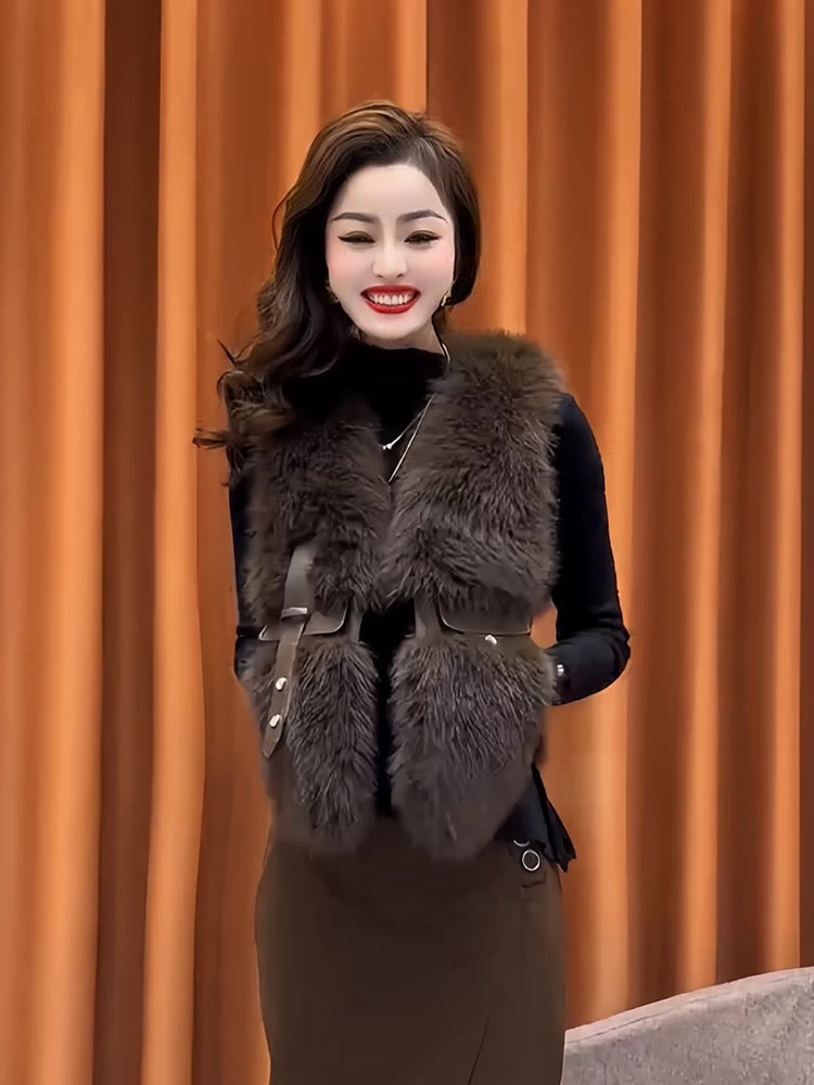 Pankh Razon Luxe Fur and Pu Leather Sleeveless Jacket