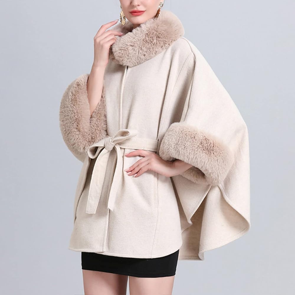 Pankh Lossy Woolen Cape Coat With Fur Collar & Sleeve