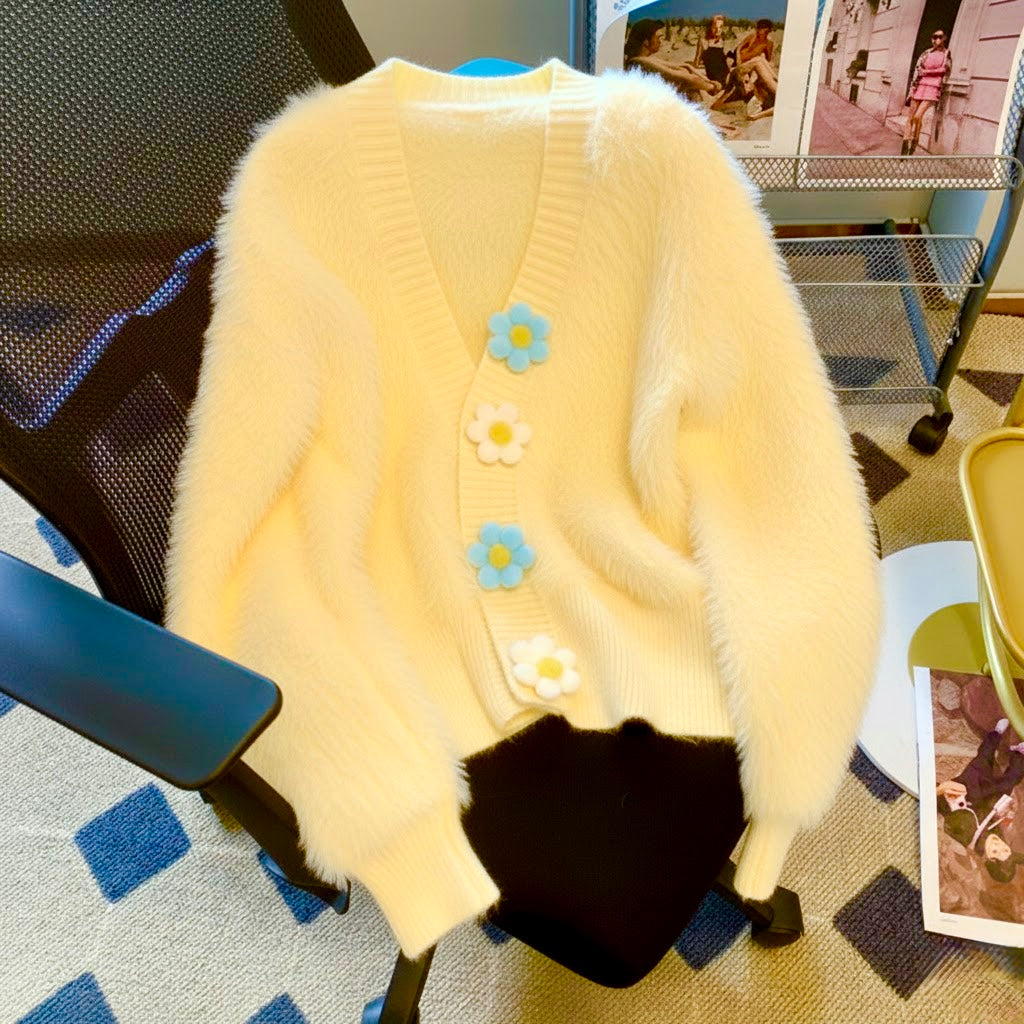 Pankh Sunflower Soft Fur Sweater Cardigan with Detachable Flowers