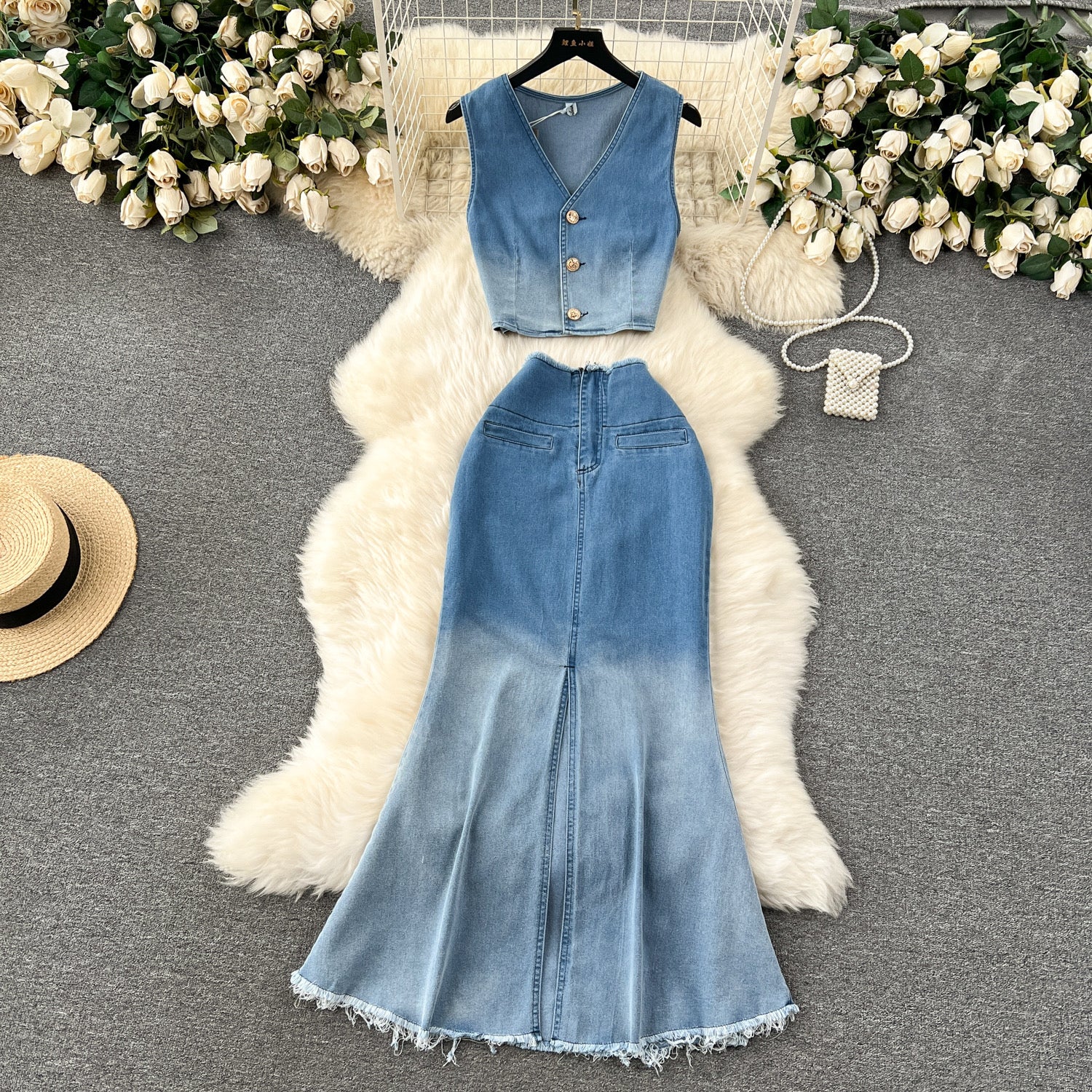Pankh Zack Denim Dual Shade Waist Coat and Skirt Set