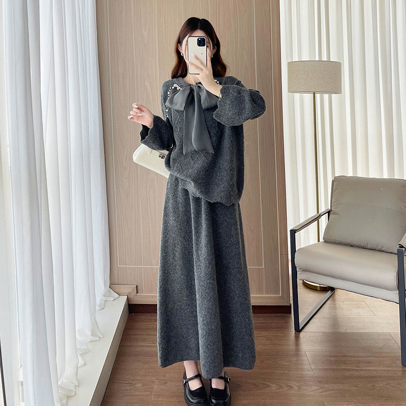 Pankh Tania Designer Pearl Embelished Bow Tie Woolen Top and Skirt Party Wear Set