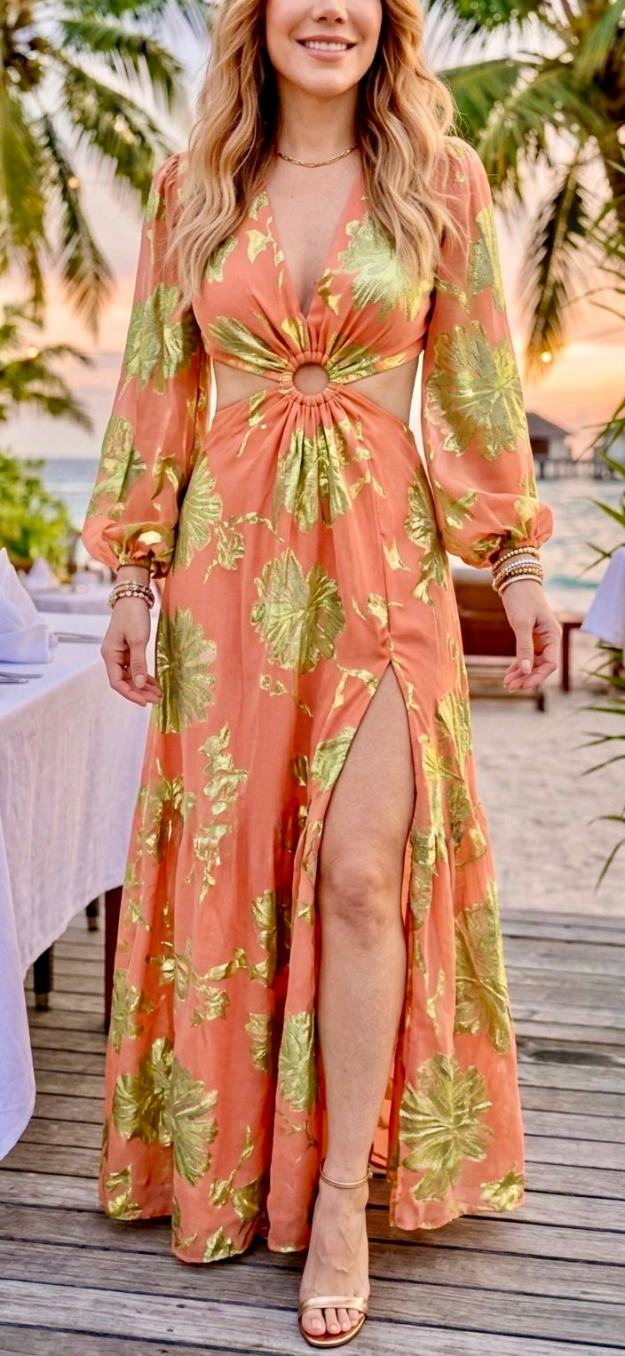 Pankh Kizki Gold Foiling Flower Maxi Dress