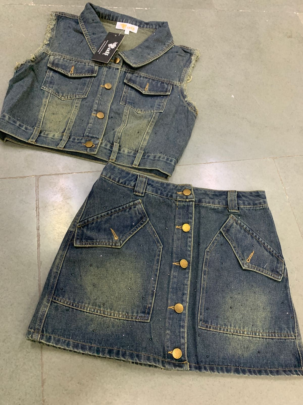 Pankh Dilan Stone Embellished Denim Sleeveless Jacket and Skirt Set