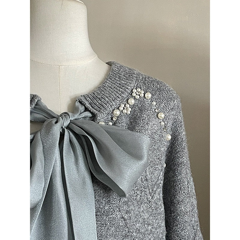 Pankh Tania Designer Pearl Embelished Bow Tie Woolen Top and Skirt Party Wear Set