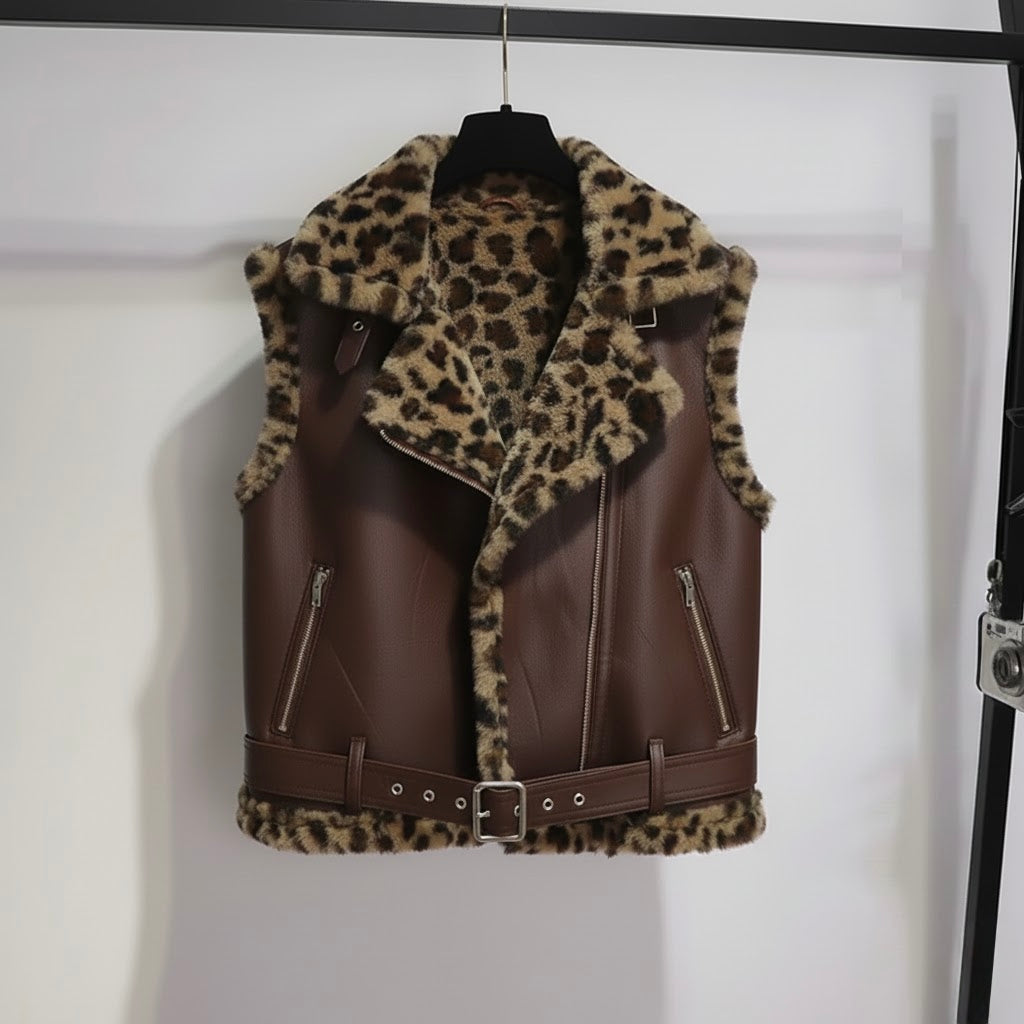 Pankh Laurie Leopard Fur and Leather Sleeveless Teddy Jacket