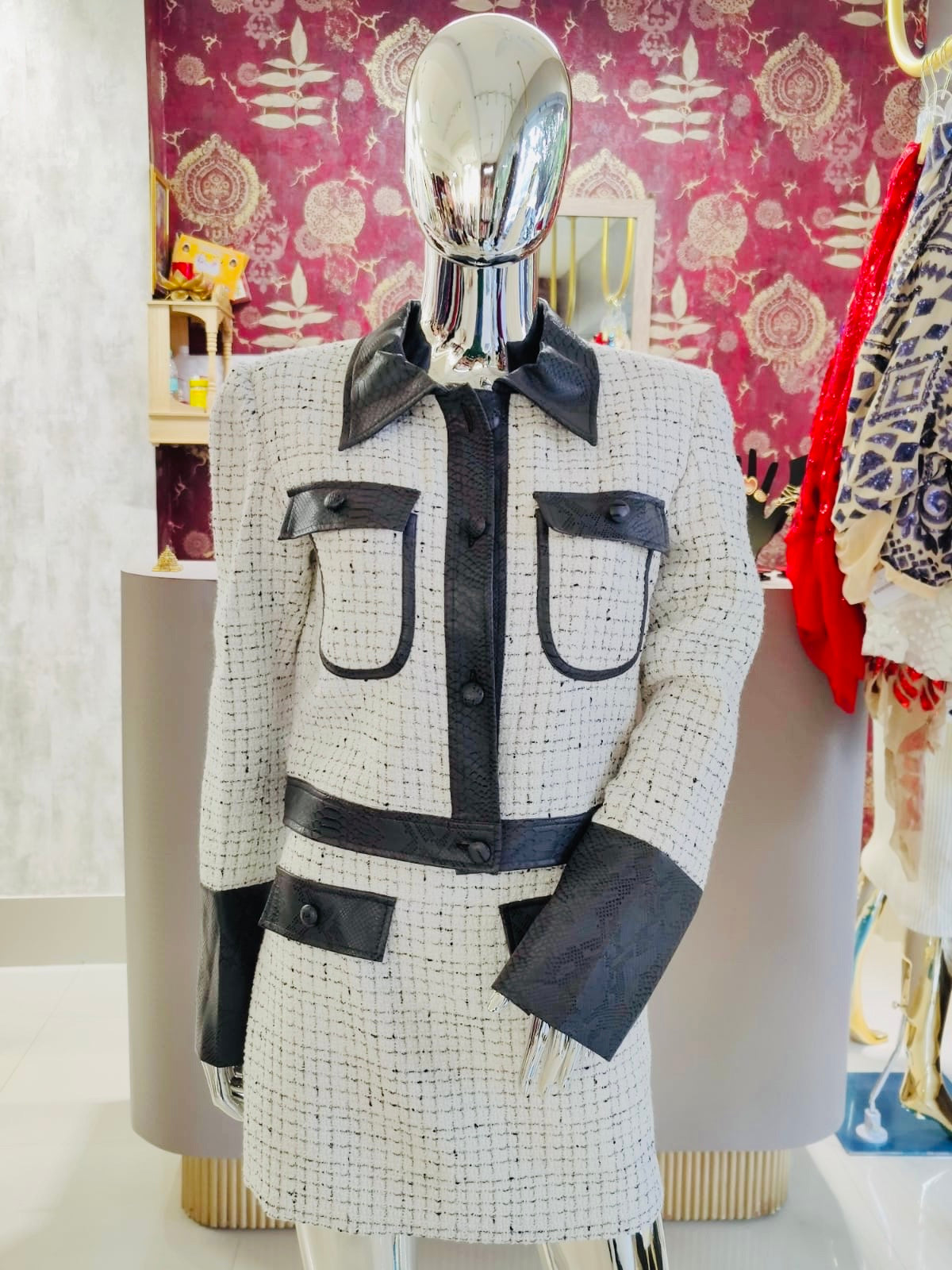 Pankh Rolce Tweed and Faux Croc Leather Blazer and Skirt Coord Set