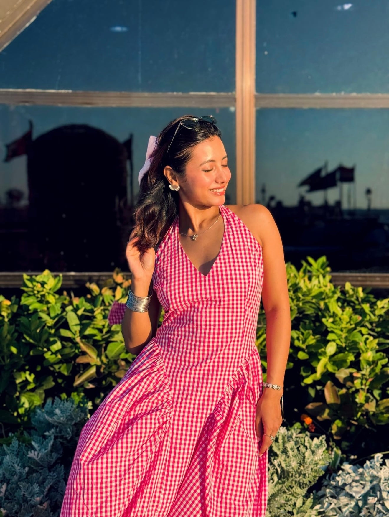 Pankh Luxe Anee Halter Neck Long Flaired Gingham Maxi Dress