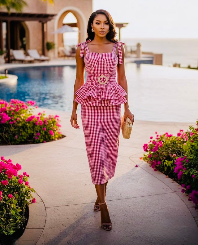 Pankh Della Gingham Peplum Coord Set with Rafia Belt