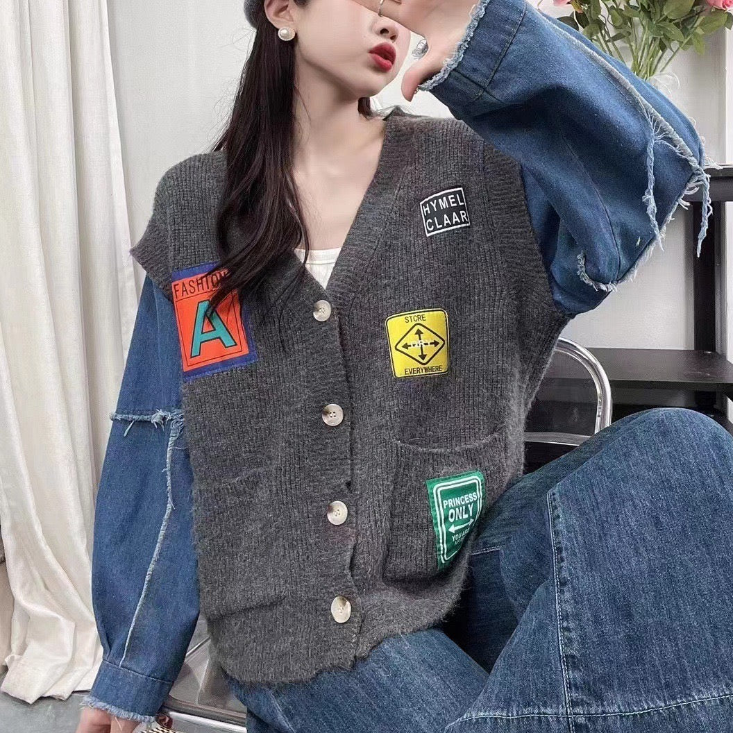 Pankh Vista Woolen And Denim Patchwork Cardigan Blazer