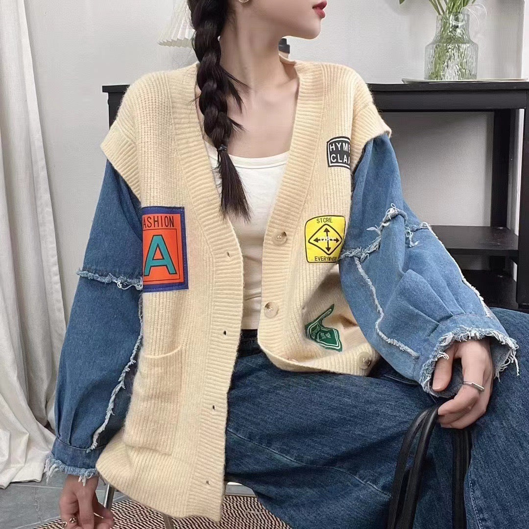 Pankh Vista Woolen And Denim Patchwork Cardigan Blazer