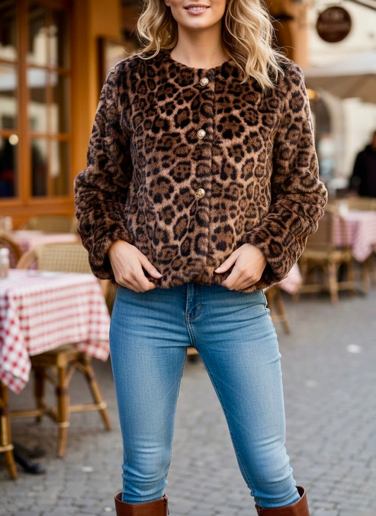Pankh Sherra Leopard Print Fur Blazer Coat