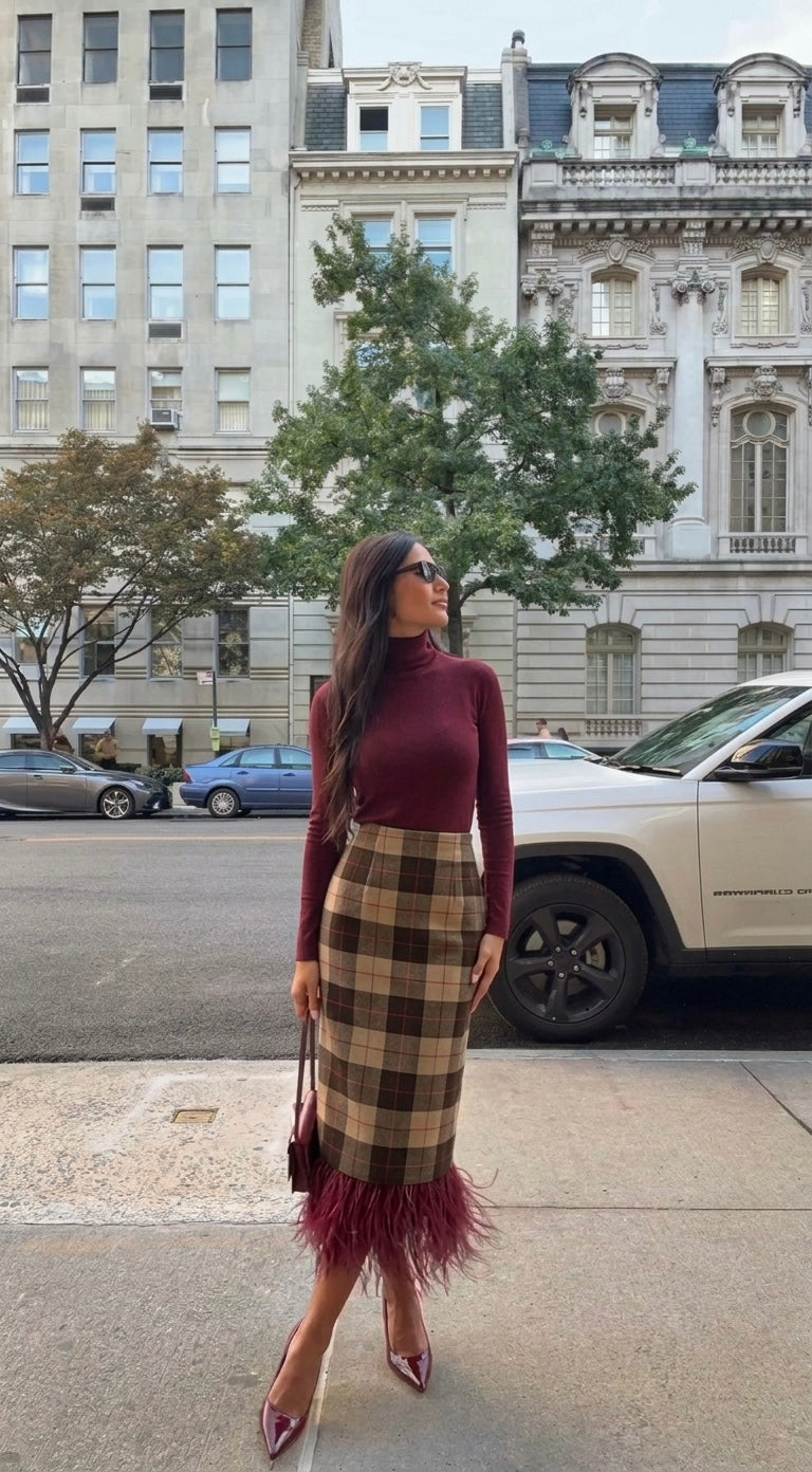 Pankh Mesiko Plaid Check Autumn Fur Skirt