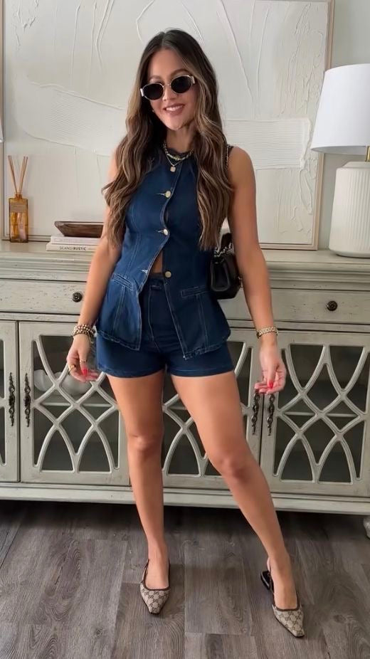 Pankh Genric Denim Waist Coat & Short Coord Set