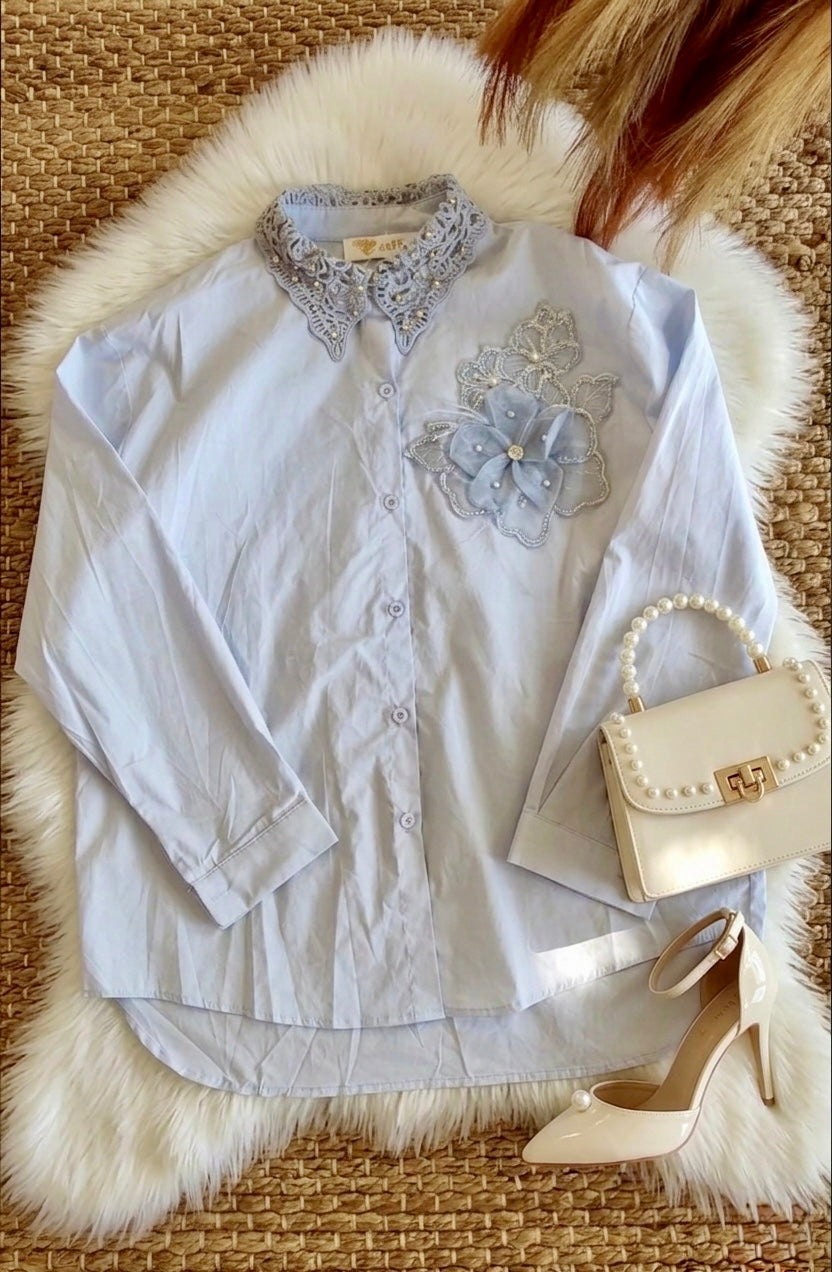 Pankh Aira Long Sleeve Cotton Elegant Shirt With Fur & Flower Patch