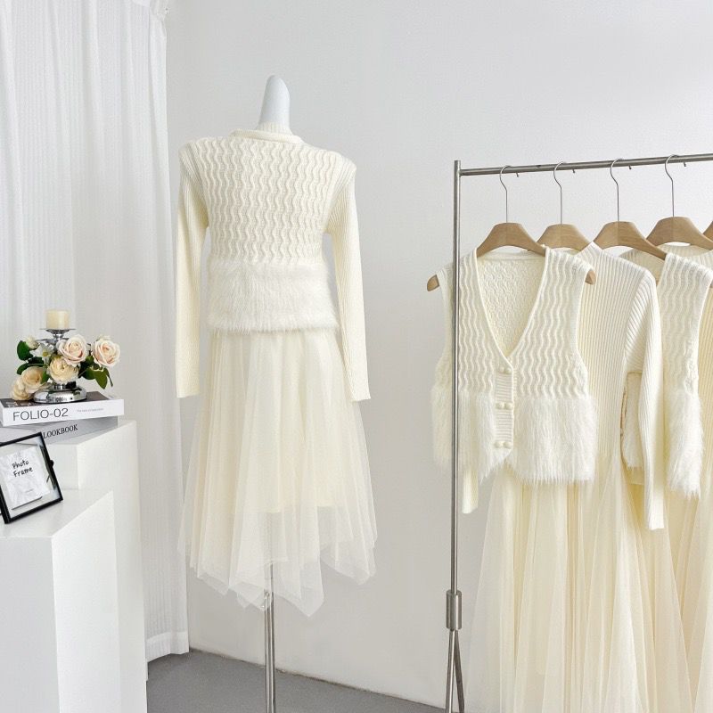 Pankh Reha Fur Jacket And Wool Knit and Net Dress Set