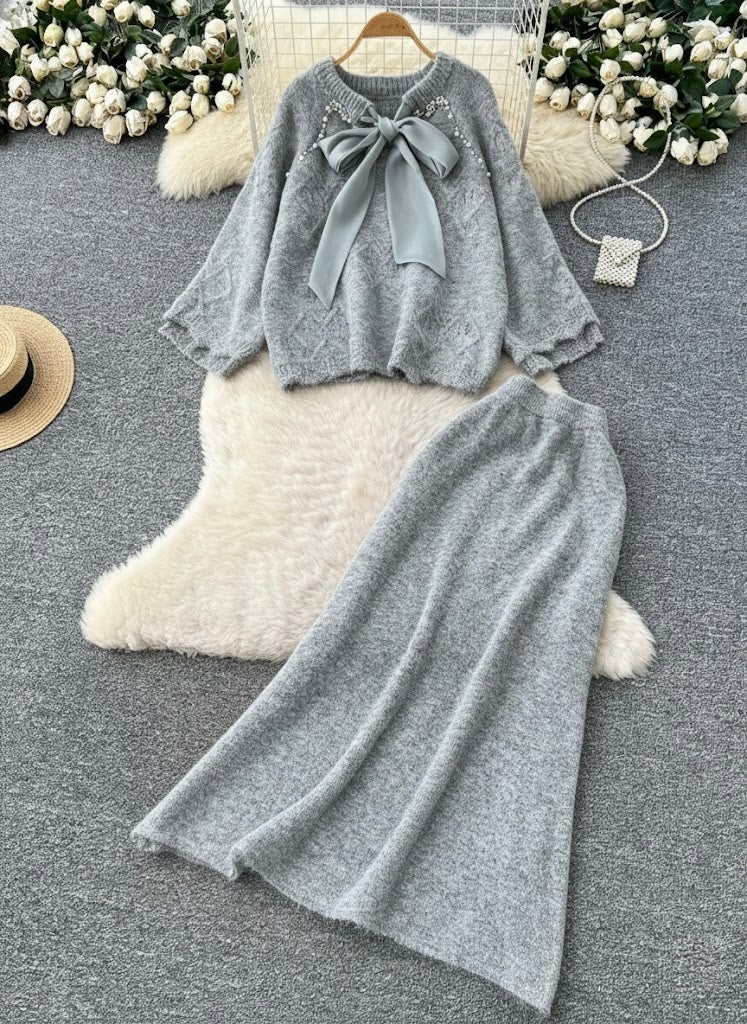 Pankh Tania Designer Pearl Embelished Bow Tie Woolen Top and Skirt Party Wear Set