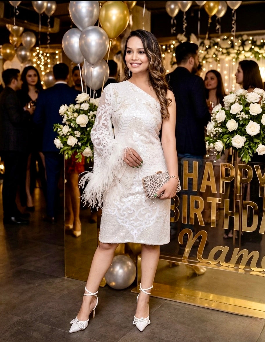Pankh Customised Alisha One Off-shoulder Fur & Sequin Dress