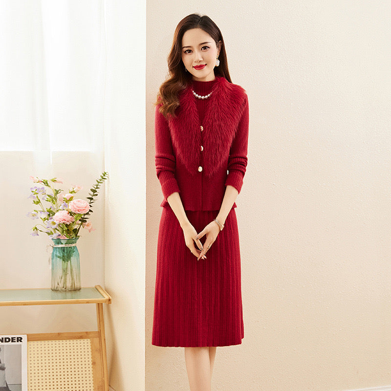 Pankh Leveda Wool Dress and Fur Collar Jacket Set