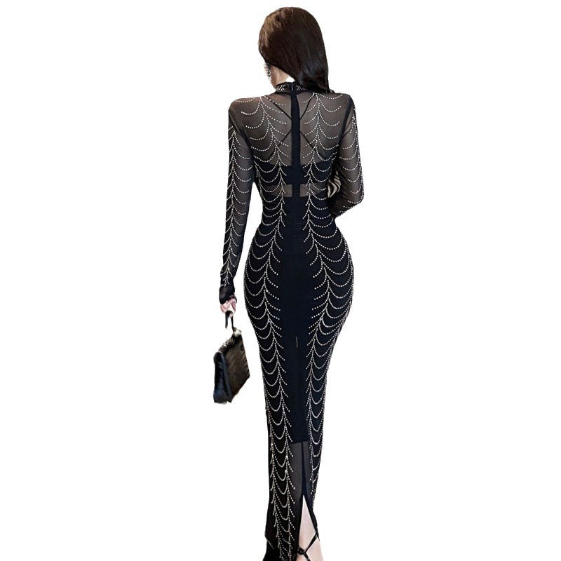 Pankh Ruvina Stone Embellished Sheer Black Party Wear Maxi Dress