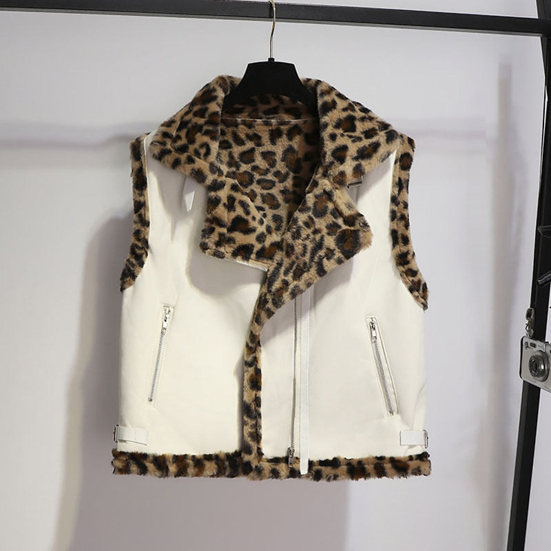 Pankh Laurie Leopard Fur and Leather Sleeveless Teddy Jacket