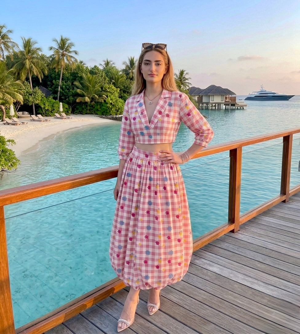 Pankh Rezmi Gingham Print Crop Top & Balloon Skirt Coord Set