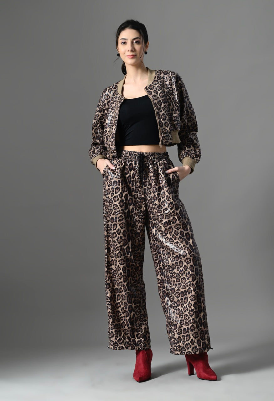 Pankh Leo Leopard Leather Look Cropped Jacket and Jogger Pants Set