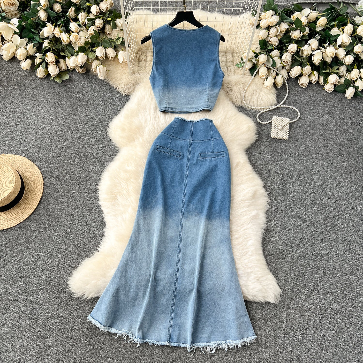 Pankh Zack Denim Dual Shade Waist Coat and Skirt Set