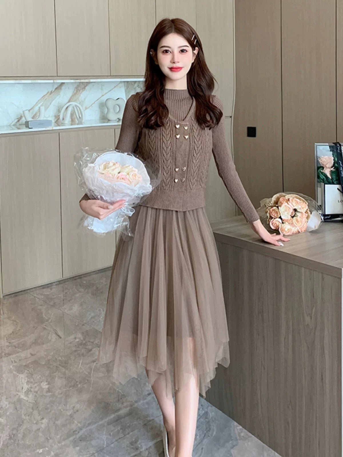 Pankh Karla Knit Wool Dress with Heart Detailing Button Wool Coat