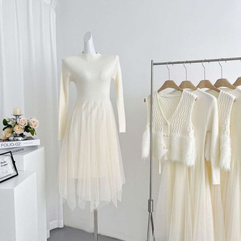 Pankh Reha Fur Jacket And Wool Knit and Net Dress Set