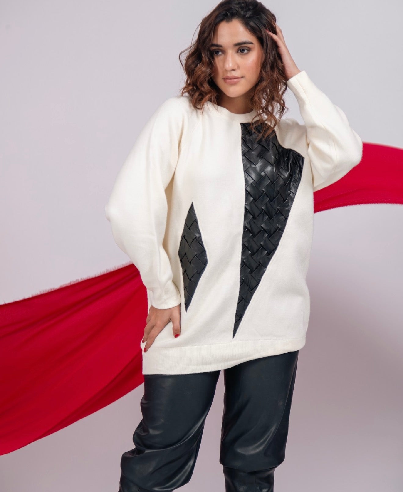 Pankh Charisma Designer Leather Patch Long Woolen Sweater