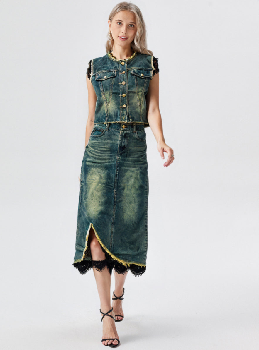 Pankh Semir Retro Denim and Lace Top And Long Skirt Set