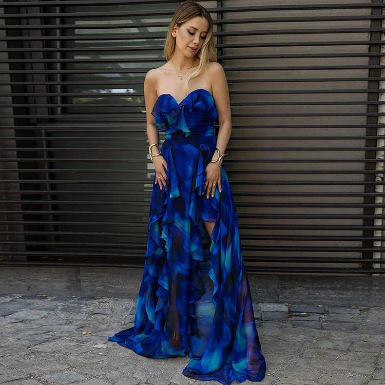 Pankh Ciara Elegance Blue Tie And Dye Ruffle Monokini With Ruffle Skirt Set