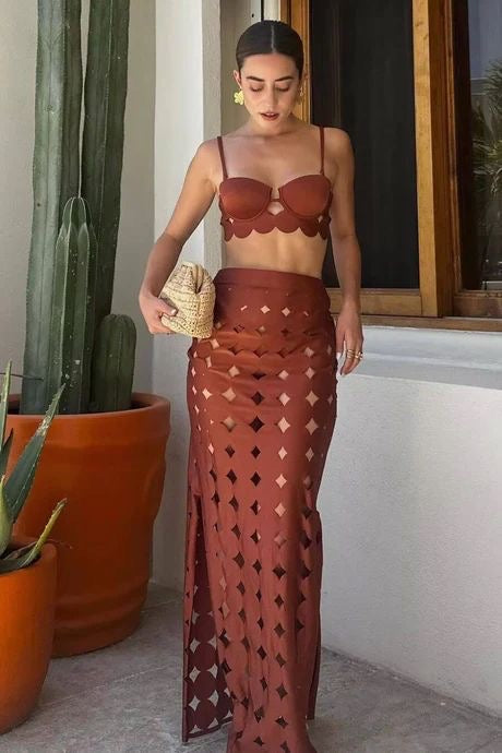 Pankh Kit Laser Cutting Three Peice Bikini Swimsuit With Split Skirt