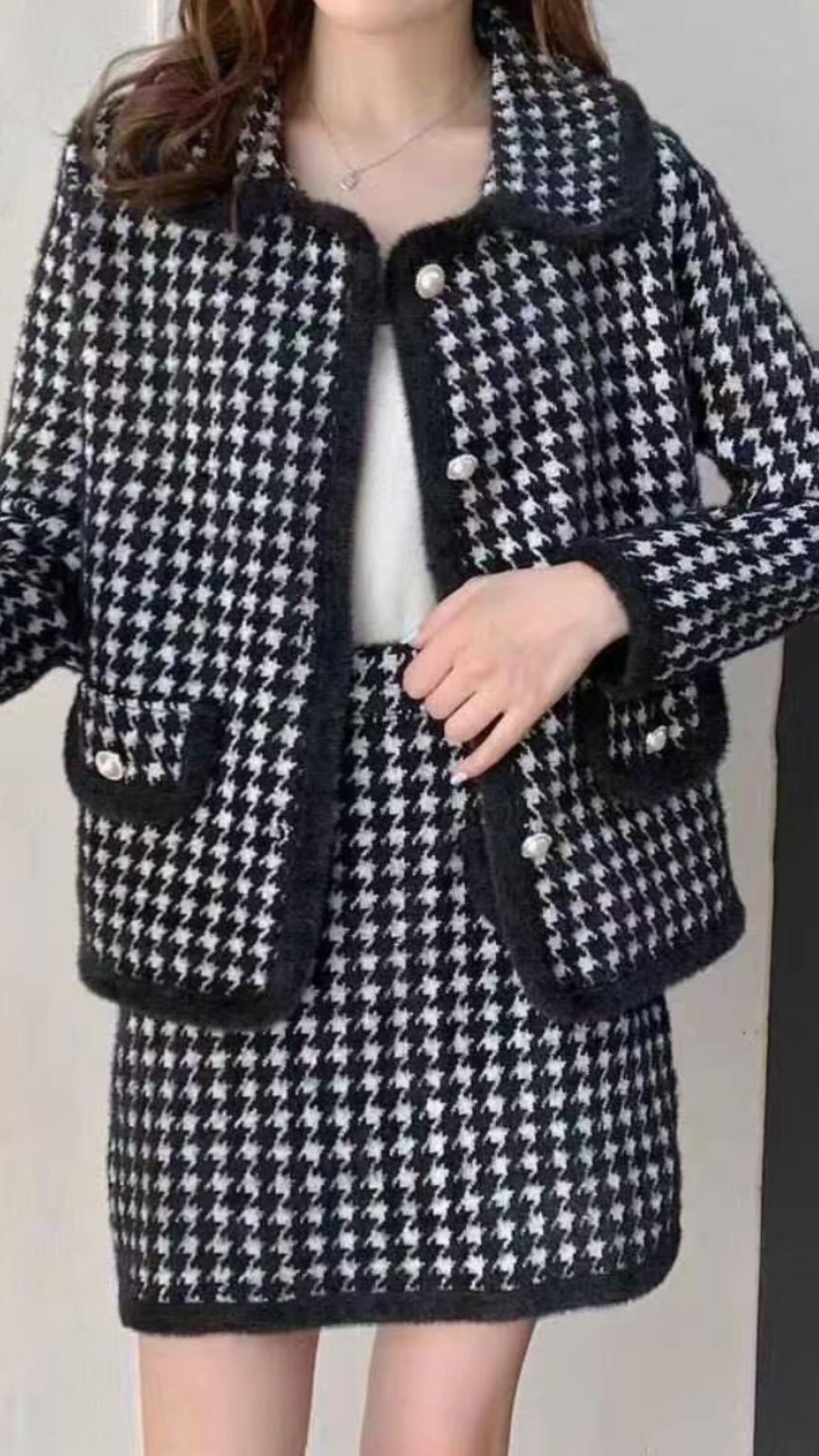 Pankh Alice Houndstooth Soft Wool Blazer and Skirt Set (Bow not included)