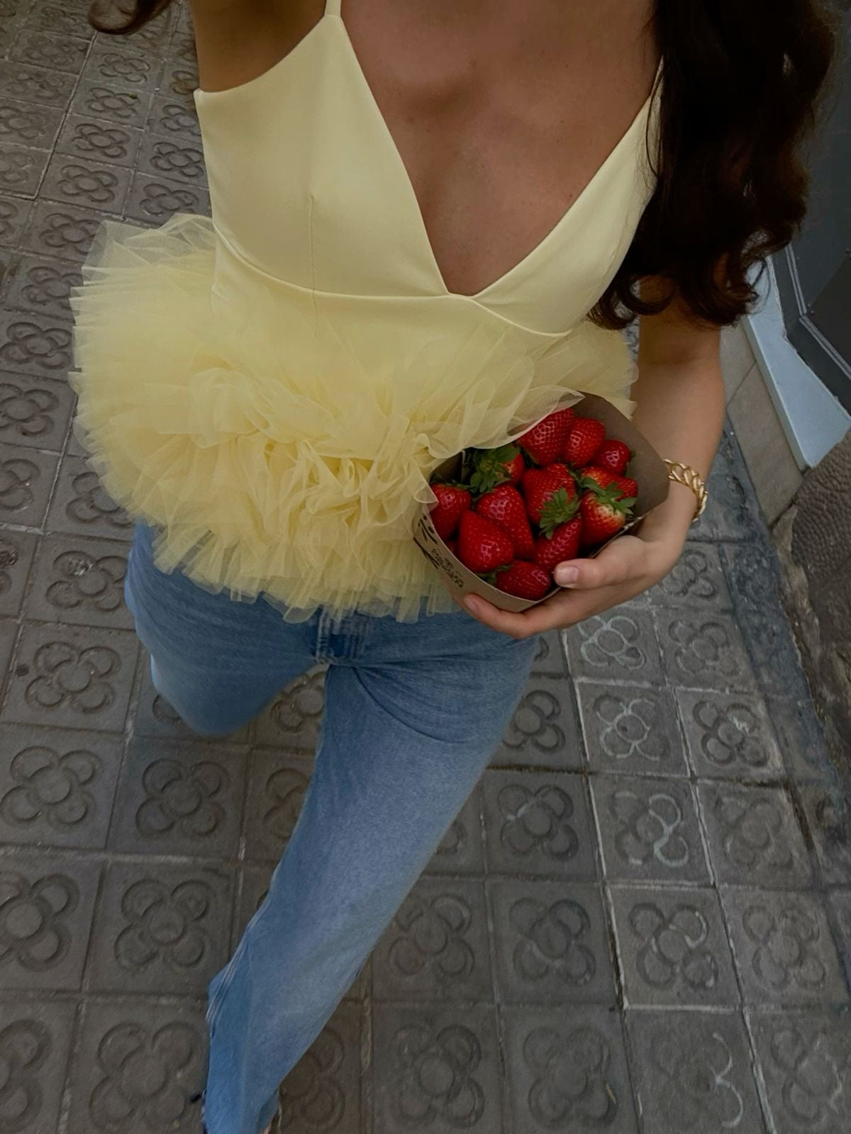 Pankh Birdie Fluffy Strap Mesh Ruffle Crop Top