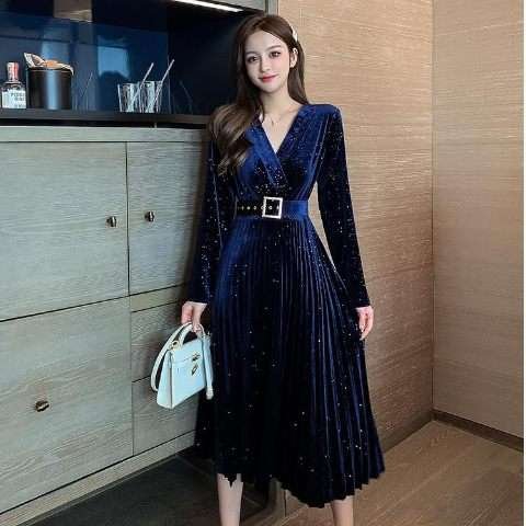 Pankh Gloria Velvet Party Dress With Belt