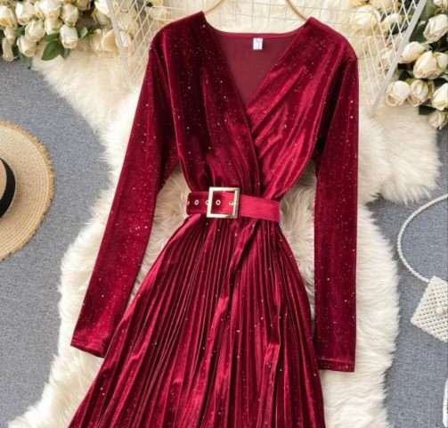 Pankh Gloria Velvet Party Dress With Belt