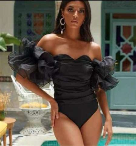 Pankh Claire Ruched Special Occasion Ruffle Off Shoulder Bodysuit Top