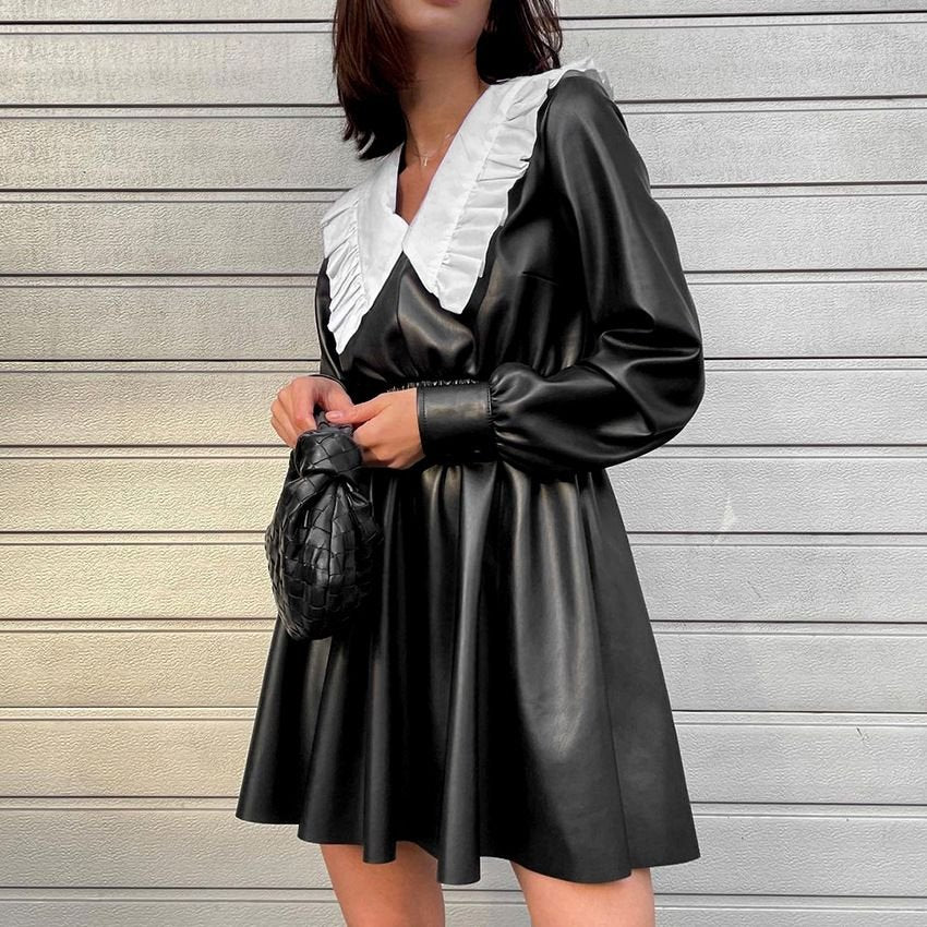Natalie Pan Collar Long Sleeves Leather Dress