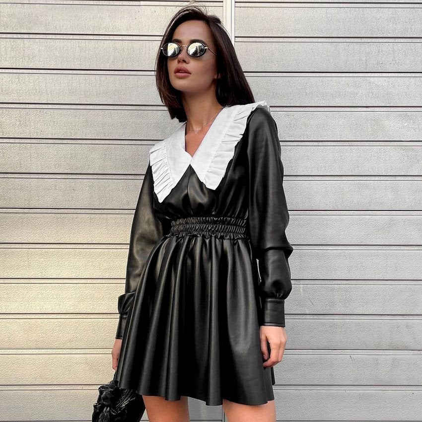 Natalie Pan Collar Long Sleeves Leather Dress