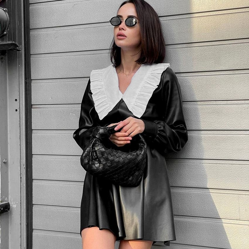 Natalie Pan Collar Long Sleeves Leather Dress